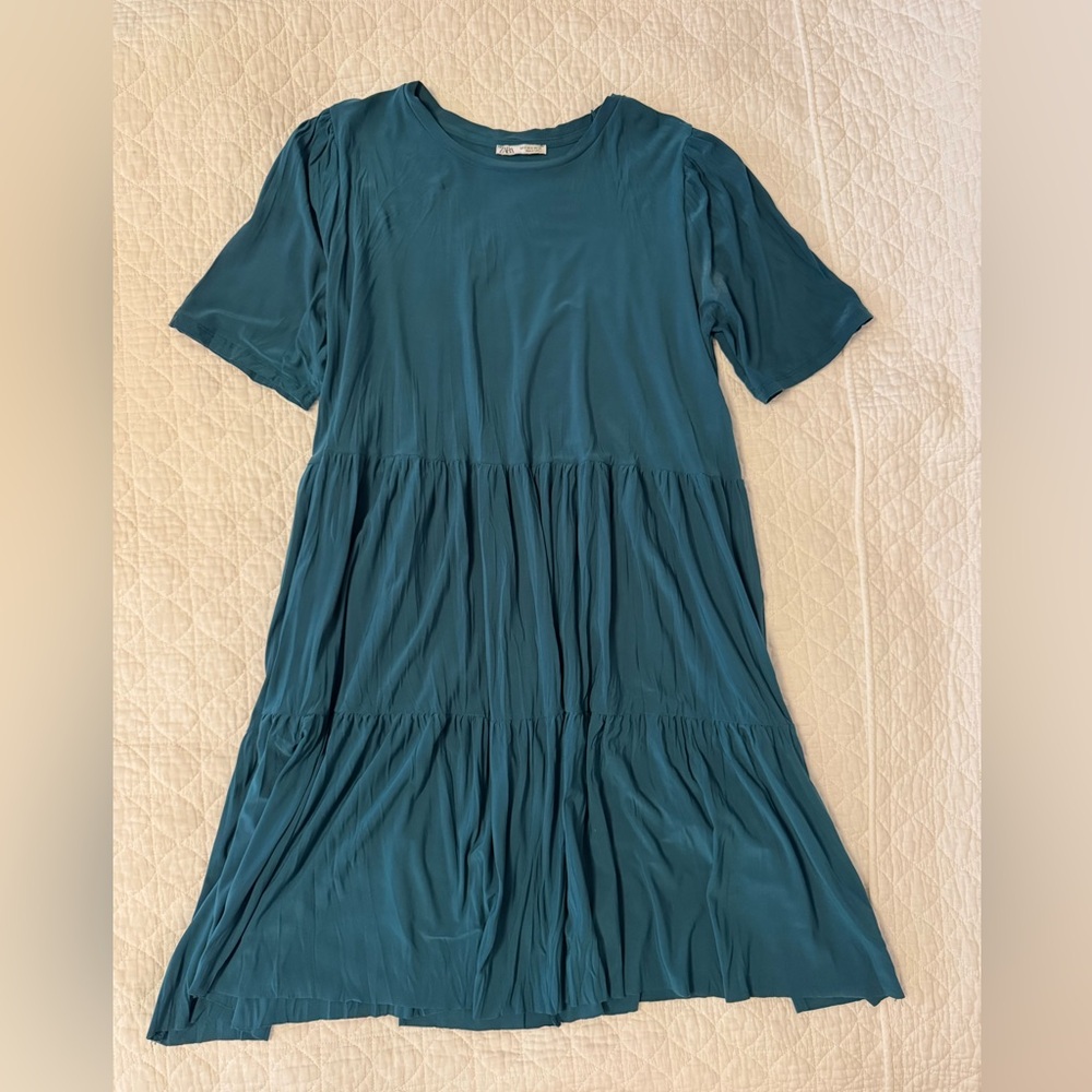 Zara Teal Tiered Short Sleeve Dress